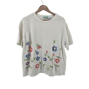 220 Hickory Short Sleeve Blouse XL Cream Needlepoint Flower Career